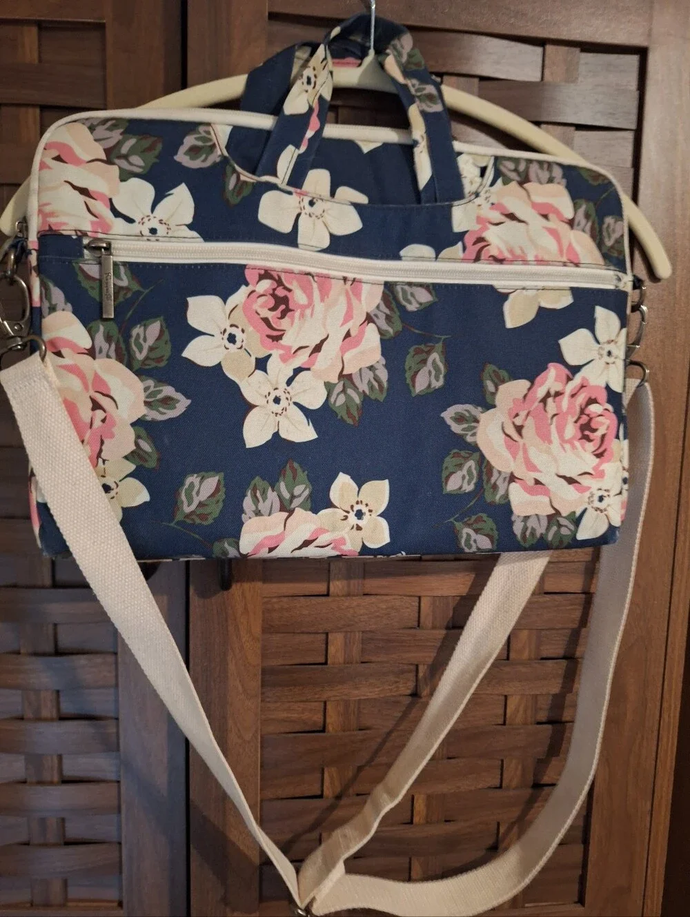 Laptop Messenger Bag Navy Floral Crossbody Bag with Pink Roses